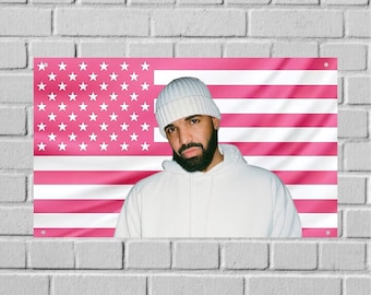 Tapiz rosa con la bandera de EE. UU. de Drake For All The Dogs, arte de pared para dormitorio con temática de álbum de rap, pancarta de hip hop para dormitorio universitario.
