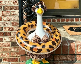 Leopard Pool Float Porch Goose Outfit | Funny Summer Garden Decor,Inflatable Ring Costume for Garden Goose Statue, Outdoor Yard Display Gift