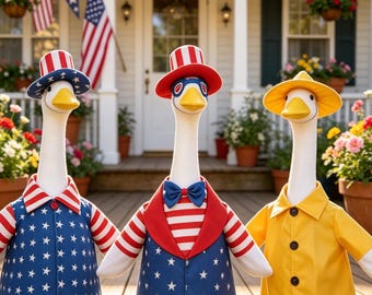 23" Porch Goose Outfit - 4th of July Patriotic Clothes & Yellow Raincoat, Lawn Goose Costume, Funny Summer Housewarming Gift
