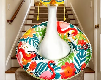 23 Inch Porch Goose Outfit Summer Pool Party | Flamingo Watermelon Swim Ring & Goggles Set for Lawn Goose Statue | Cute Outdoor Yard Decor