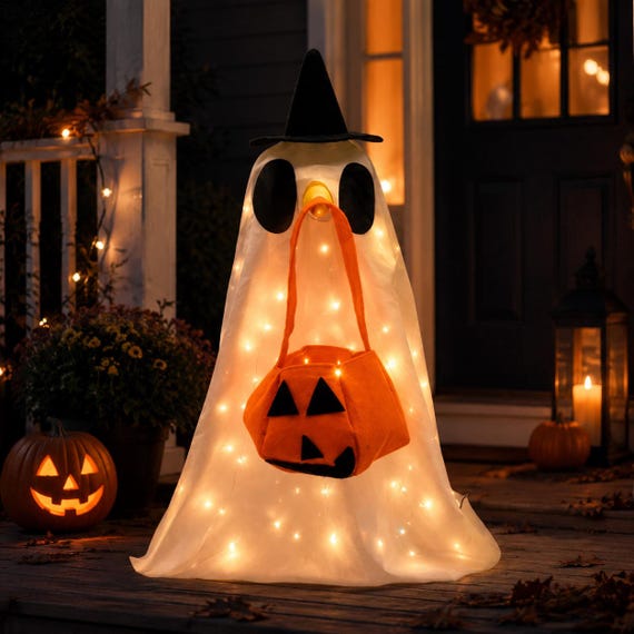 Halloween Porch Goose Outfit Ghost Costume with Pumpkin Bag | 23 Inch Garden Goose Clothes Halloween Yard Decor