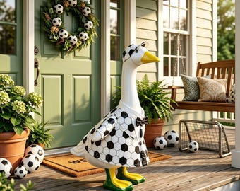 Estatua de pato de fútbol para porche, decoración de jardín con temática deportiva, regalo para amantes del fútbol, figura de pato de fútbol, escultura de jardín para exteriores, bonito adorno para el porche.