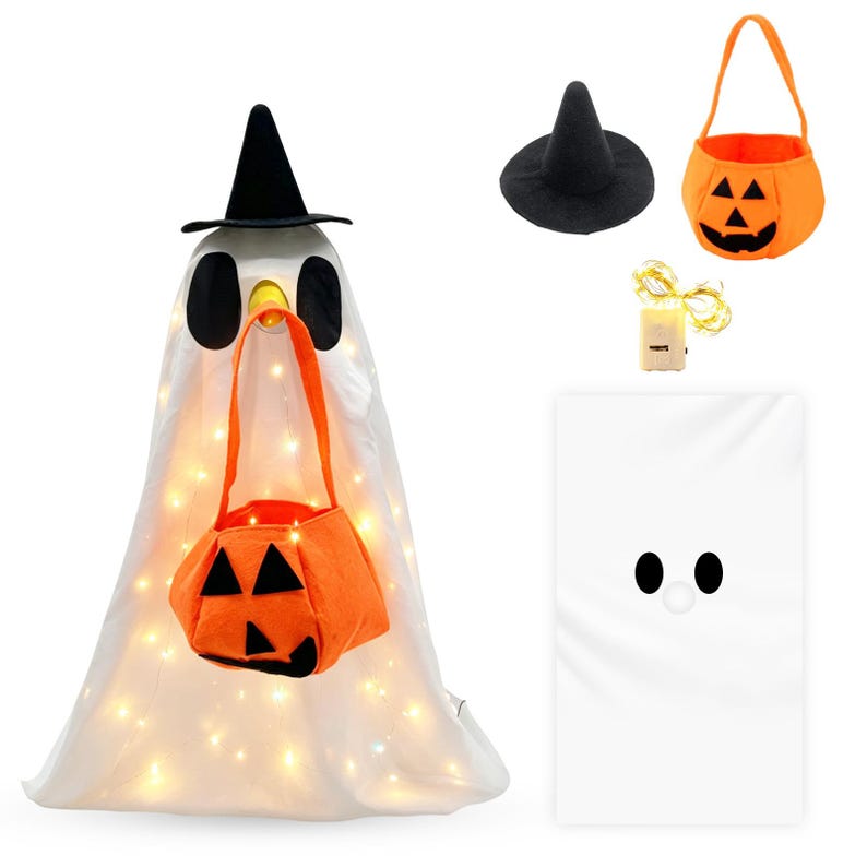Halloween Porch Goose Outfit Ghost Costume with Pumpkin Bag | 23 Inch Garden Goose Clothes Halloween Yard Decor A