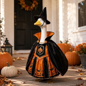 May include: A white goose figurine wearing a black witch hat and a black and orange cape with a high collar. The cape features a pumpkin-themed pattern with orange jack-o'-lantern graphics on the skirt and a small pumpkin clasp at the neck.