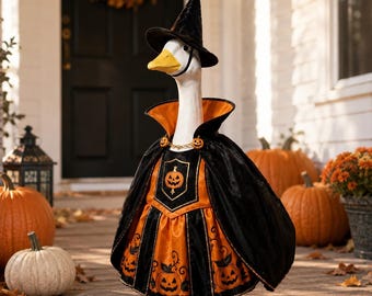 Halloween Witch Goose Outfit for 23 Inch Porch Goose, Black Orange Goose Clothes, Spooky Fall Porch Decor, Farmhouse Yard Decoration