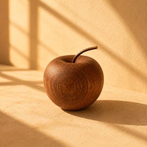 May include: A decorative apple sculpture carved from dark brown wood with a visible natural grain pattern. The object features a smooth, rounded body and a thin, curved stem extending from the top center, showcasing a solid, organic construction.