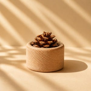 May include: A small, cylindrical, light-colored wooden bowl with a smooth, natural grain finish. Inside the bowl sits a single, brown, textured pinecone. The object is presented as a simple, circular container holding a natural forest element.