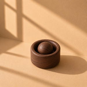 May include: A dark brown wooden object consisting of a smooth, circular ring base with a matching spherical ball resting securely in the center. The wood grain is visible throughout the surface of both the circular base and the round sphere.
