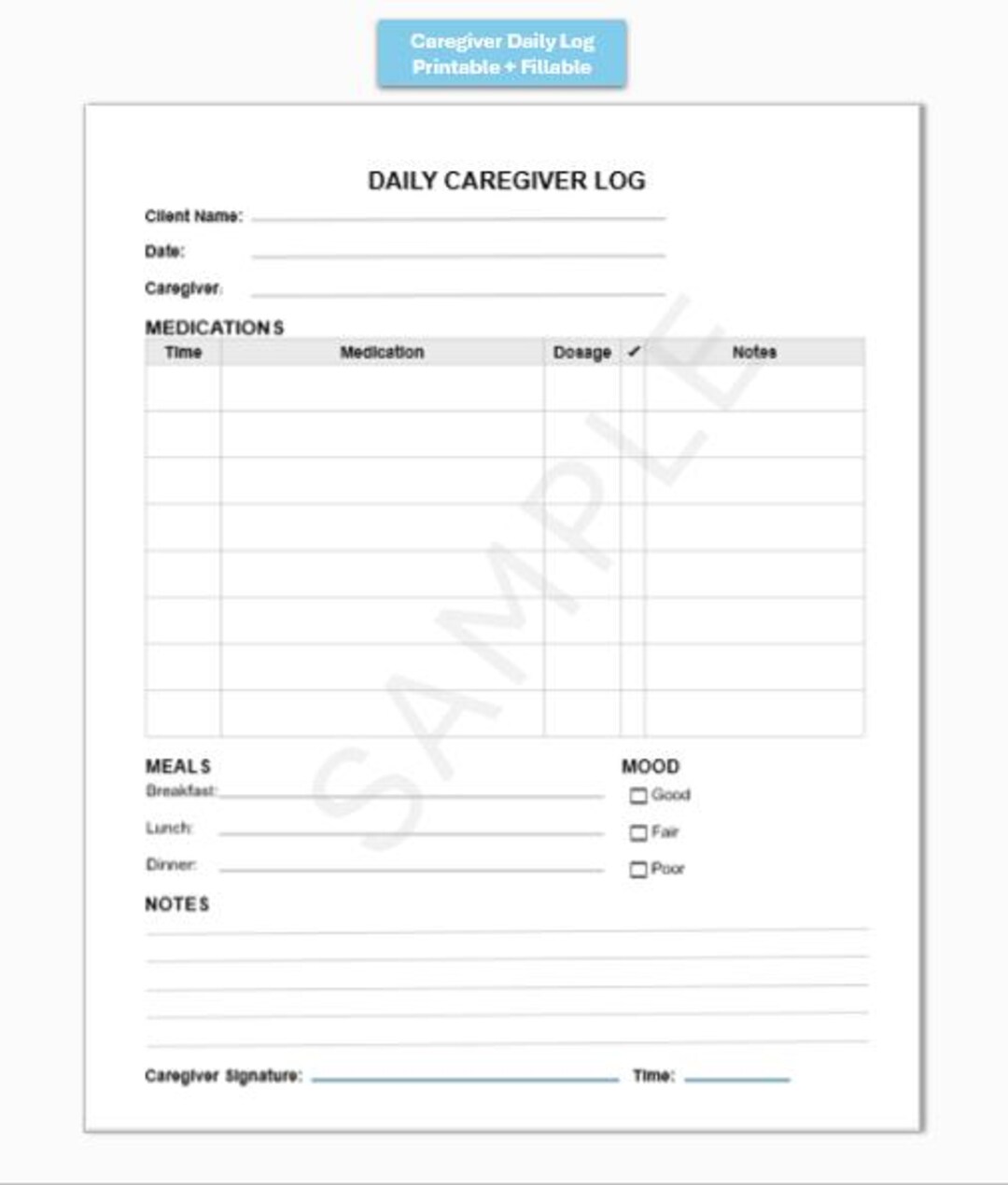 Caregiver Daily Log Printable, Medication Tracker, Home Care Sheet ...
