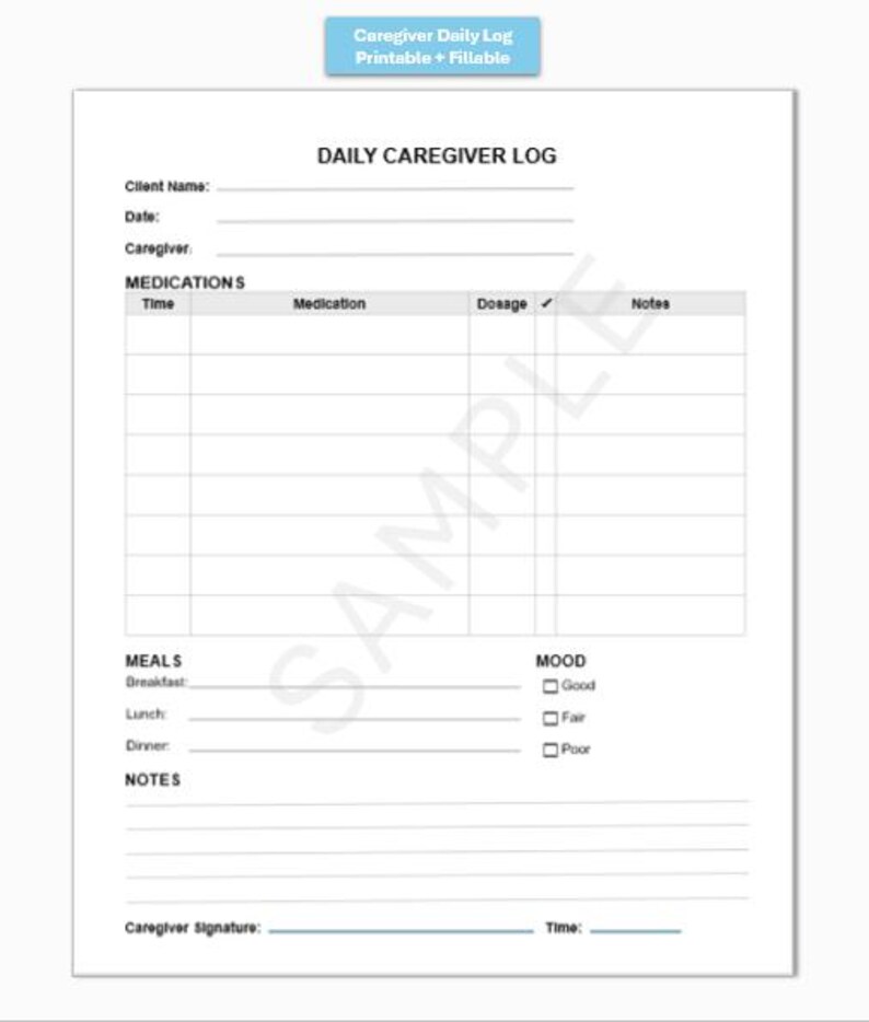 Caregiver Daily Log Printable, Medication Tracker, Home Care Sheet ...