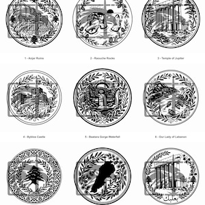 Könnte beinhalten: Neun kreisförmige Schwarz-Weiß-Illustrationen libanesischer Wahrzeichen, jeweils umrahmt von einem Lorbeerkranz. Die Bilder zeigen die Ruinen von Anjar, Raouche Rocks, den Jupiter-Tempel, Byblos Castle, Baatara Gorge Waterfall, Our Lady of Lebanon, Cedars of God, Map of Lebanon und den Jupiter-Tempel (Arabisch).