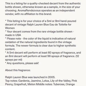 5ml or 8ml Decant: Ralph Lauren Blue Eau de Toilette for Women / Authentic Hand-Poured Sample / Vintage, Rare, Tester imagem 4
