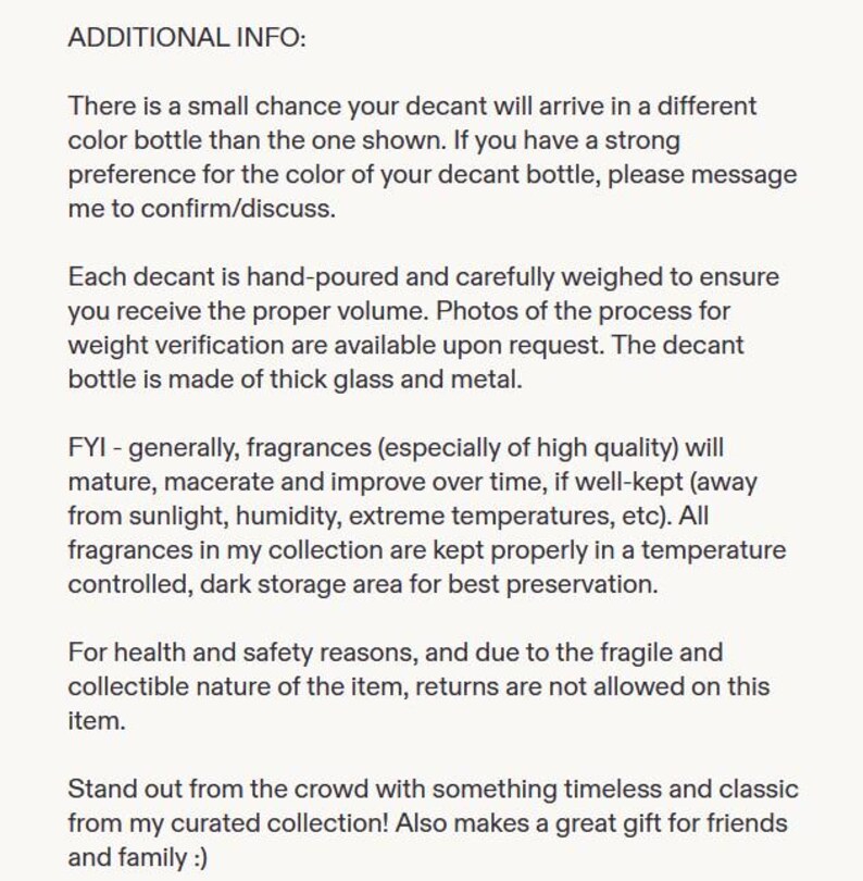 Pode incluir: Texto em fundo branco com "INFORMA&Ccedil;&Otilde;ES ADICIONAIS:" seguido de detalhes sobre um frasco de decanta&ccedil;&atilde;o, incluindo sua natureza artesanal, materiais e instru&ccedil;&otilde;es de cuidado. O texto tamb&eacute;m menciona que as devolu&ccedil;&otilde;es n&atilde;o s&atilde;o permitidas.