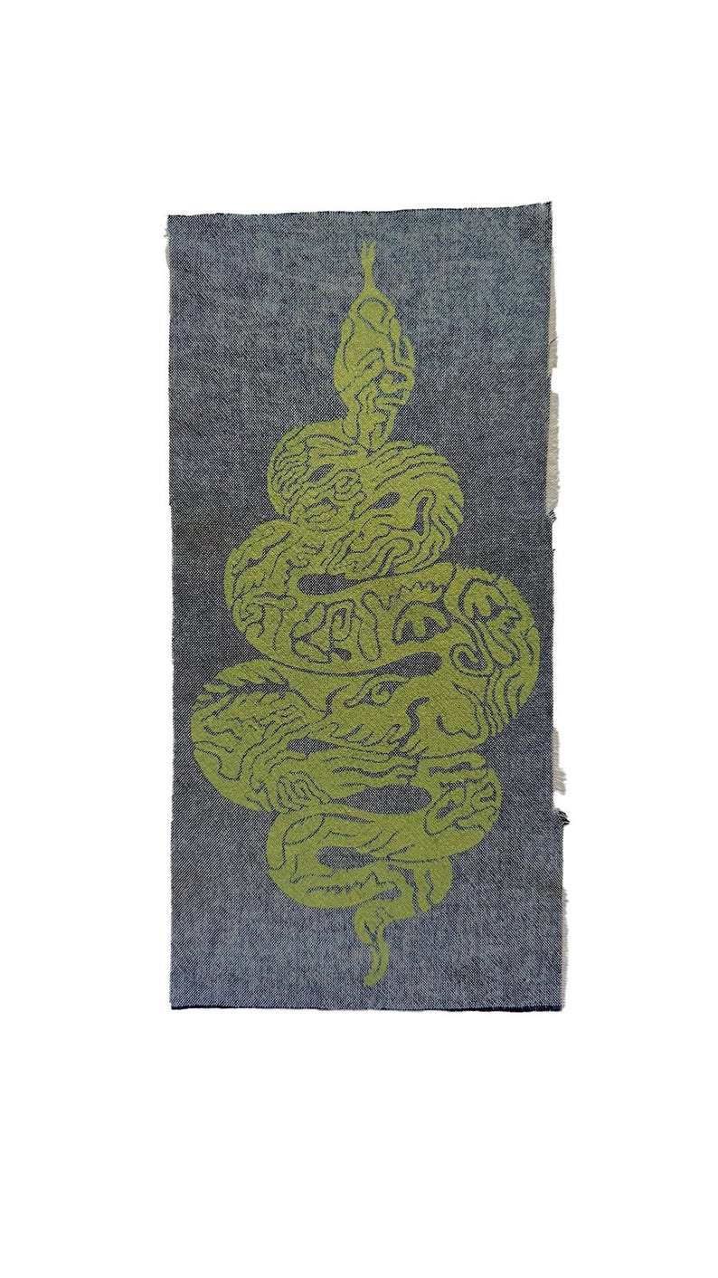 May include: A rectangular patch with a coiled snake design. The snake is a vibrant green against a textured grey background. The edges of the patch are frayed, giving it a raw, unfinished appearance.