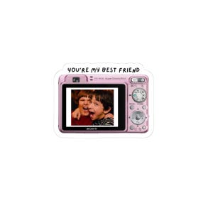 May include: A pink sticker featuring a pink Sony digital camera with a photo of two boys. The text "YOU'RE MY BEST FRIEND" is above the camera.