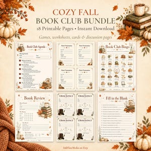 May include: A digital printable book club bundle featuring 18 pages with autumn-themed illustrations of pumpkins, leaves, and books. The set includes an agenda, book nomination cards, bingo, book reviews, rating cards, and fill-in-the-blank sheets.