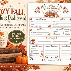 Op de afbeelding: Een printbaar leesdashboard voor de herfst. Het document bevat secties voor actuele boeken, volgende boeken, leesdoelen, een gezellige leeschecklist, een herfst-leeslijst, leesstemming, het beste boek van het seizoen en favoriete citaten.