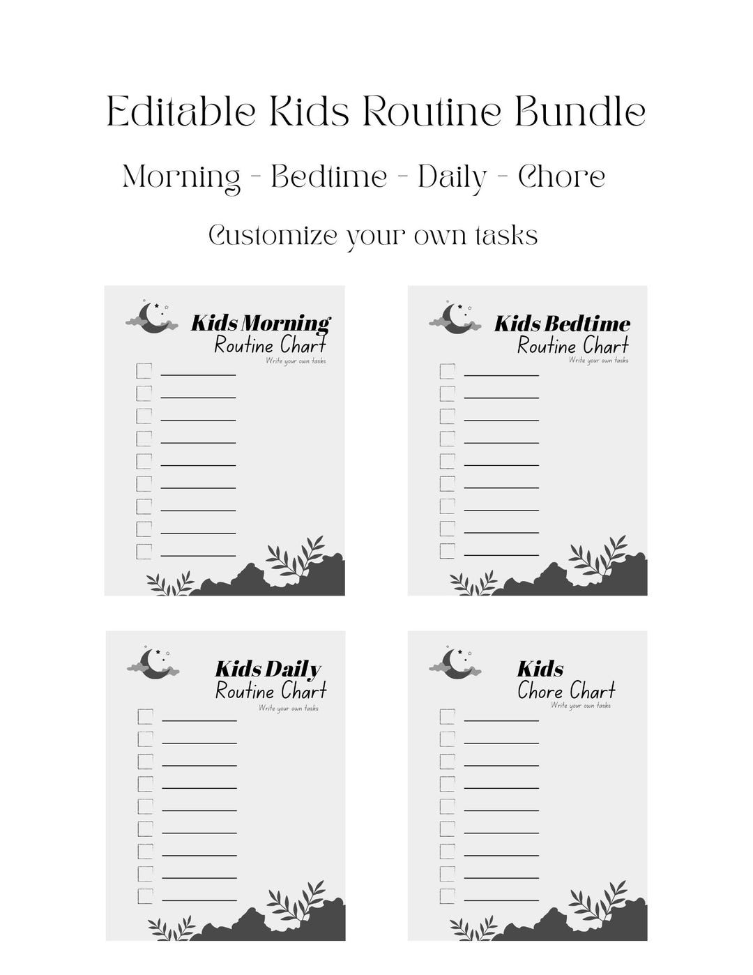 Editable Kids Routine Bundle Printable | Morning Bedtime Chore Daily ...
