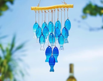 Campana de viento con forma de pez de cristal azul, decoración costera playera, campanillas de viento marinas hechas a mano para exteriores, patio, jardín, para colgar, regalo