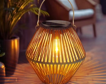 Solar Lantern Outdoor Waterproof Boho Rattan Light Hanging Garden Lantern Patio Yard Decor Warm LED Lamp