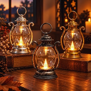 May include: Three decorative lanterns with rounded glass globes and metal frames. One lantern is silver, one is gold, and one is a distressed black finish. Each lantern features a circular top handle and an internal warm light source.