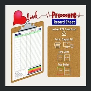 May include: A clipboard with a blood pressure record sheet, featuring a red heart graphic and the words "Blood Pressure Record Sheet." The image also includes options for instant PDF download, print/digital fill, and two sizes.