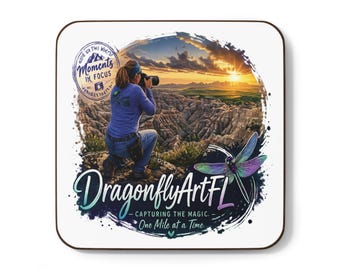 Posavasos con el logotipo de DragonflyArtFL – Decoración para el hogar con arte natural de Florida de alto brillo