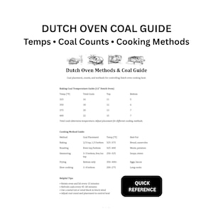 May include: A white guide titled "DUTCH OVEN COAL GUIDE" with information on temperatures, coal counts, and cooking methods. Includes a table with baking coal temperature, cooking method guide, and helpful tips. A black rectangle reads "QUICK REFERENCE".
