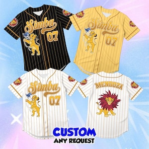 May include: Three baseball jerseys featuring Simba from The Lion King. One is black with gold pinstripes, one is yellow with gold pinstripes, and one is white with gold pinstripes. Each has the name Simba, the number 07, and a lion graphic.