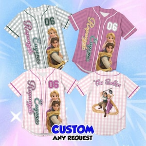 May include: Four button-down baseball jerseys featuring a checkered pattern in gray, pink, and light pink. Each jersey displays the characters Rapunzel and Eugene, the number 06, and the text Rapunzel and Eugene. One jersey back shows the text The Smith.