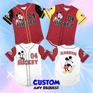 May include: Four baseball jerseys featuring Mickey Mouse graphics. Two jerseys are red with black or yellow sleeves, one is white with red sleeves, and one is a white back view with the name Karsyn. All include the number 04 and Mickey text.