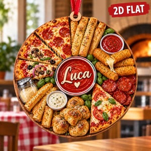 Gepersonaliseerd pizza-kerstornament, cadeau voor liefhebbers van Italiaans eten, pizza-ornament met eigen naam, decoratie voor een pizzafeest, 2D platte voedseldecoratie