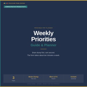 Può includere: Una copertina per planner PDF stampabile blu scuro intitolata Weekly Priorities Guide & Planner di Praxium Publishing. Include il testo Brain dump first, sort second. The form takes about ten minutes a week, oltre a 3 Pages, Brain Dump, Mon & Fri e Instant Download.