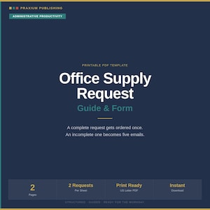 May include: A dark blue printable PDF template titled Office Supply Request Guide & Form by Praxium Publishing. It includes 2 pages, 2 requests per sheet, and is US Letter size. The text reads: A complete request gets ordered once. An incomplete one becomes five emails.