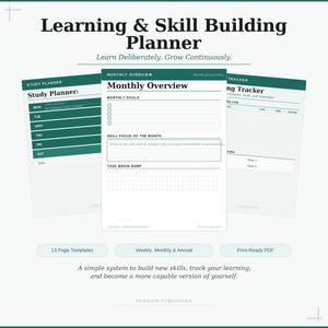 Pode incluir: Um Planejador de Aprendizagem e Desenvolvimento de Habilidades com fundo branco. O planejador inclui modelos de estudo, visão geral mensal e rastreador de aprendizado. O texto no planejador inclui "Aprenda deliberadamente. Cresça continuamente." e "Um sistema simples para construir novas habilidades."