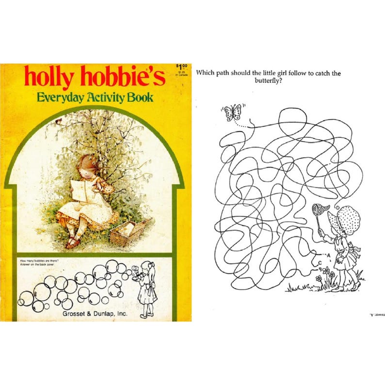 Puede incluir: Un libro de actividades vintage "Holly Hobbie's Everyday Activity Book" con una cubierta amarilla. La portada presenta una ilustraci&oacute;n de una ni&ntilde;a leyendo bajo un &aacute;rbol. El libro tambi&eacute;n incluye una actividad de laberinto con una ni&ntilde;a tratando de atrapar una mariposa.