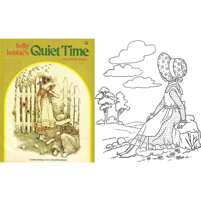 Puede incluir: Un libro para colorear vintage "Quiet Time" con ilustraciones de ni&ntilde;os con gorros y vestidos. La portada es amarilla con el texto "holly hobbie's Quiet Time Coloring Book". Tambi&eacute;n se muestra un dibujo lineal en blanco y negro de una ni&ntilde;a con gorro.