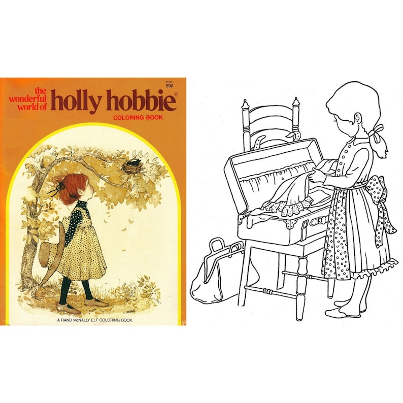 Puede incluir: Un libro para colorear vintage titulado "The Wonderful World of Holly Hobbie" con una ni&ntilde;a con un vestido amarillo en la portada. La imagen tambi&eacute;n presenta una ilustraci&oacute;n en blanco y negro de una ni&ntilde;a empacando una maleta.