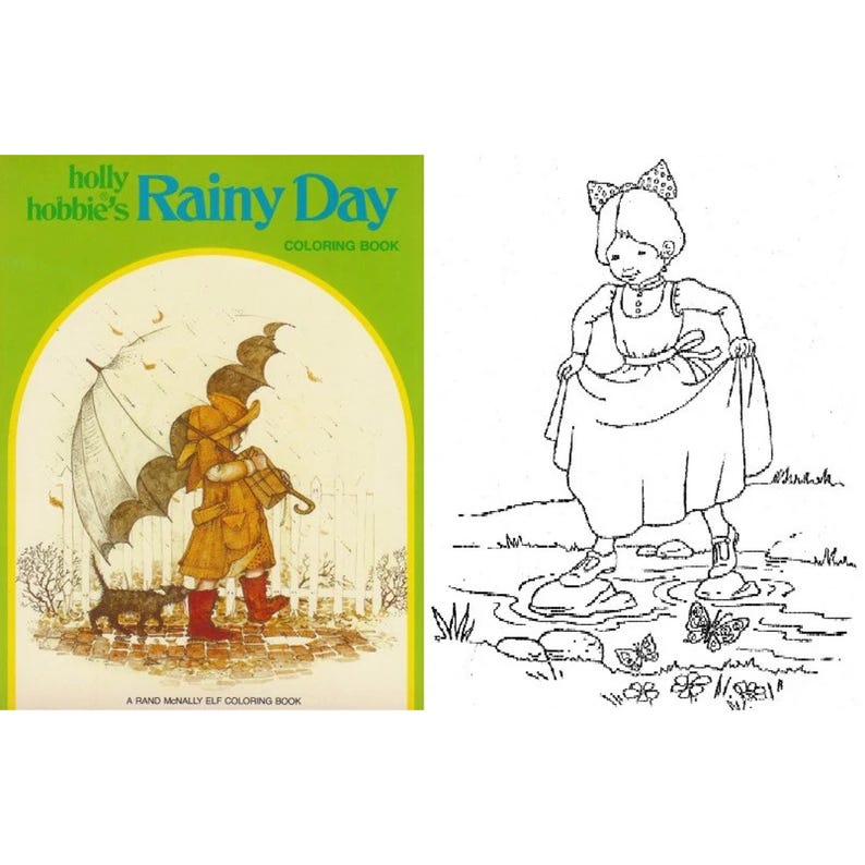Puede incluir: Un libro para colorear vintage titulado "Rainy Day" de Holly Hobbie. La portada presenta a una ni&ntilde;a con impermeable y botas amarillas, sosteniendo un paraguas, con un perro. El lado derecho muestra un dibujo lineal de una ni&ntilde;a con un vestido.