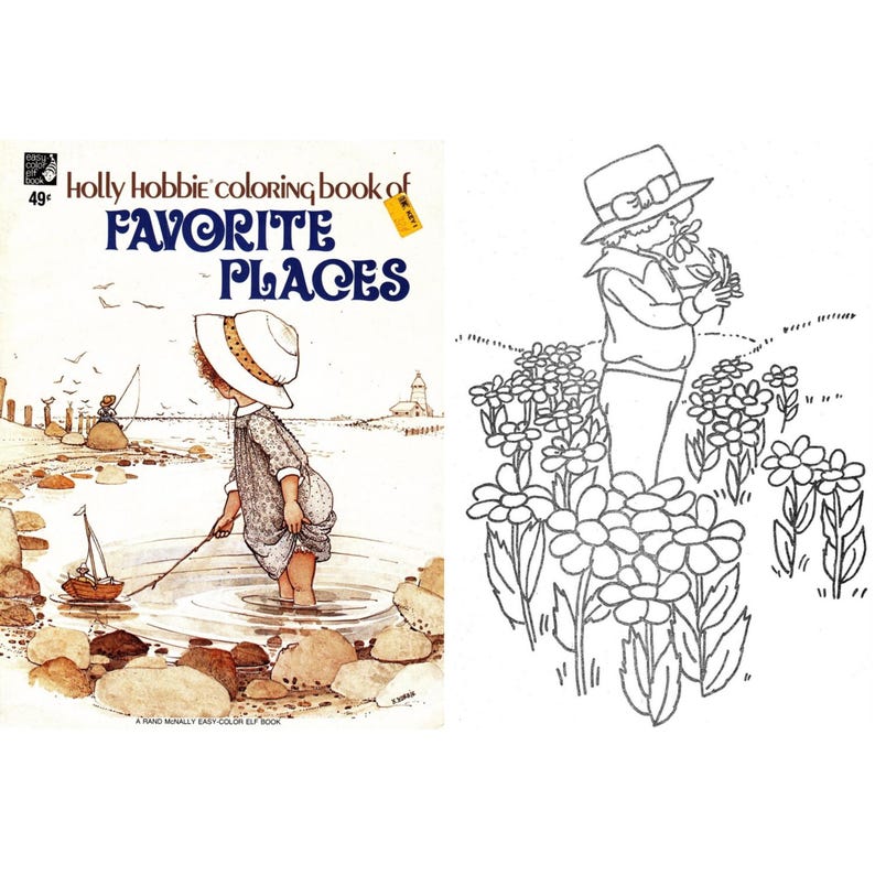 Puede incluir: Un libro para colorear vintage de Holly Hobbie titulado "Favorite Places". La portada presenta a una ni&ntilde;a con un gorro y un vestido, pescando en una masa de agua poco profunda. El libro tambi&eacute;n incluye una ilustraci&oacute;n en blanco y negro de una ni&ntilde;a en un campo de flores.