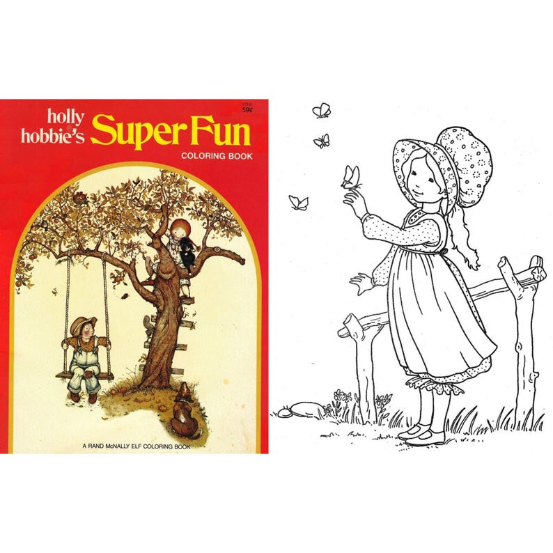 Puede incluir: Un libro para colorear vintage titulado "Holly Hobbie's Super Fun Coloring Book" con una portada roja. La portada presenta un &aacute;rbol con ni&ntilde;os jugando y una ni&ntilde;a con un gorro y mariposas. Ilustraci&oacute;n en blanco y negro de una ni&ntilde;a con un gorro que alcanza mariposas.