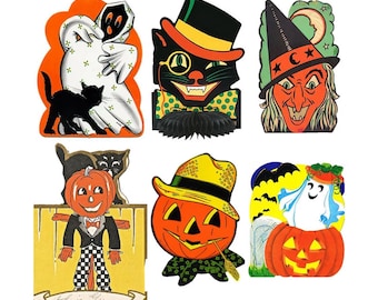 ヴィンテージ風ハロウィンぬりえ、ペーパードール、クリップアート（PDFダウンロード）