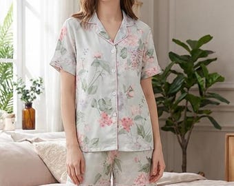 Conjunto de pijama de satén floral / Pijama de verano de manga corta con botones