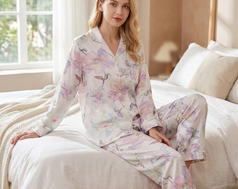 Conjunto de pijama de satén floral / Pijama de manga larga sedoso, pijama de lujo con botones, elegante conjunto de dos piezas para estar en casa