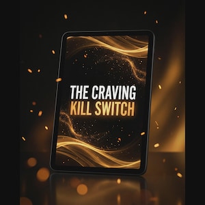 Puede incluir: Una tableta digital muestra el texto "THE CRAVING KILL SWITCH" en blanco y dorado. El fondo es negro con líneas doradas onduladas y pequeñas partículas. La tableta está centrada, con una superficie oscura y reflectante.