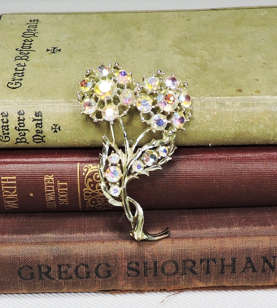 Vintage Rhinestone Flower Brooch, Aroura Borealis,