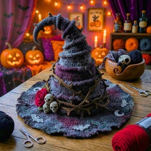 May include: A crocheted witch hat in shades of dark purple, blue, and black, featuring a pointed, curved top. The hat is decorated with a brown crocheted vine, a single red rose, and three small skulls. Small white crocheted bats are attached to the brim.