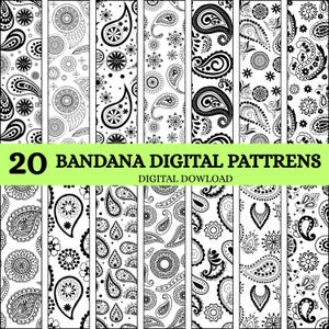 May include: A collection of 20 black and white digital bandana patterns featuring various paisley and floral motifs. A bright green horizontal banner across the centre displays the text 20 BANDANA DIGITAL PATTRENS and DIGITAL DOWLOAD.