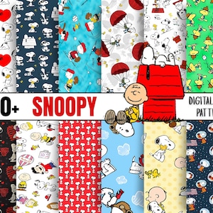 May include: A collection of digital paper patterns featuring Snoopy and the Peanuts gang. The patterns include various designs with Snoopy, Charlie Brown, and other characters, in colors like red, blue, and yellow. The text "20+ SNOOPY" and "DIGITAL PAPER PATTERN" is displayed.