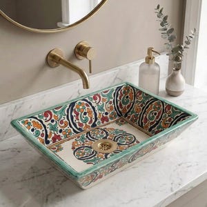 Moroccan Rectangular Vessel Sink | Hand-Painted Ceramic Bathroom Basin | Bohemian Vanity Bowl for Farmhouse Decor